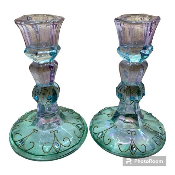 PartyLite "Mardi Gras" Iridescent Glass Jewel Gold Trim Candle Holder - Retired - Picture 1 of 5